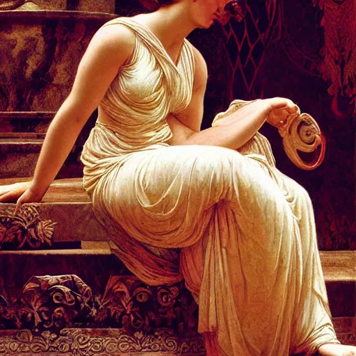 Image similar to dipression as greek goddes, craig mullins, j. c. leyendecker, lights, art by ernst haeckel, john william godward, hammershøi,,