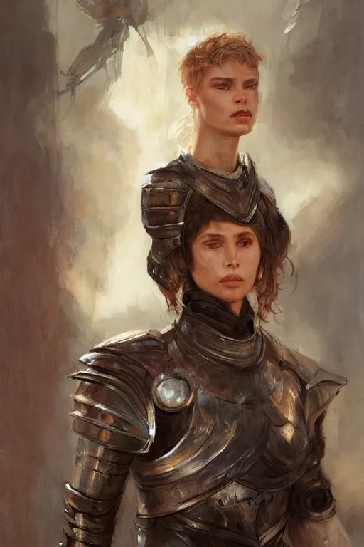 Image similar to an upper body portrait of a female knight, oil painting, by Fernanda Suarez and and Edgar Maxence and greg rutkowski and julie bell