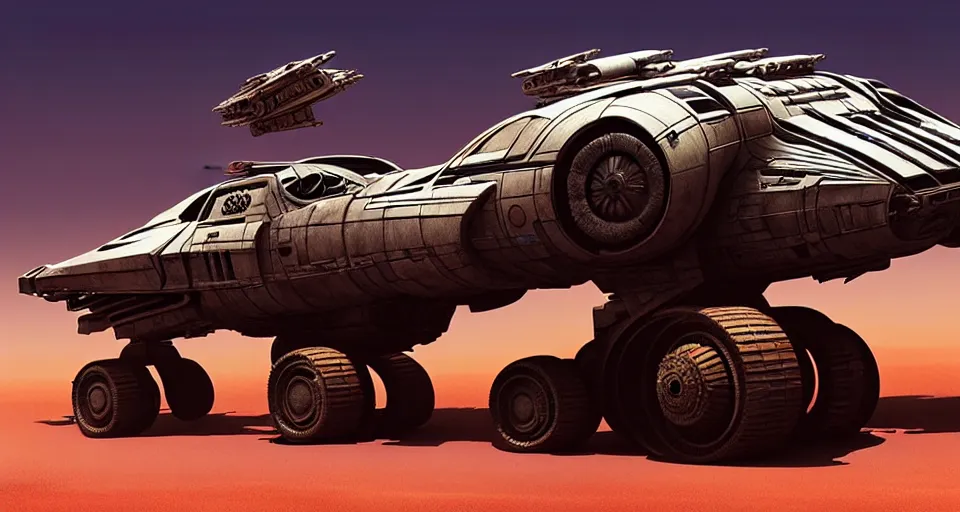 Image similar to highly detailed cinematic syd mead scifi render of 3 d sculpt of fury road spaceship, sparth, scott robertson, guardians of the galaxy, star wars, maschinen krieger, raphael lecoste, no wheels