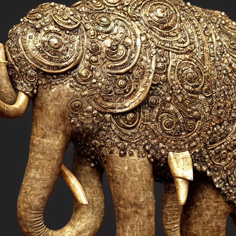 Image similar to highly detailed ancient artifact depicting an elephant made of bronze and ivory and encrusted with precious jewels, patina, ethereal, esoteric, zbrush sculpt, octane render, intricate, ornate, cinematic lighting