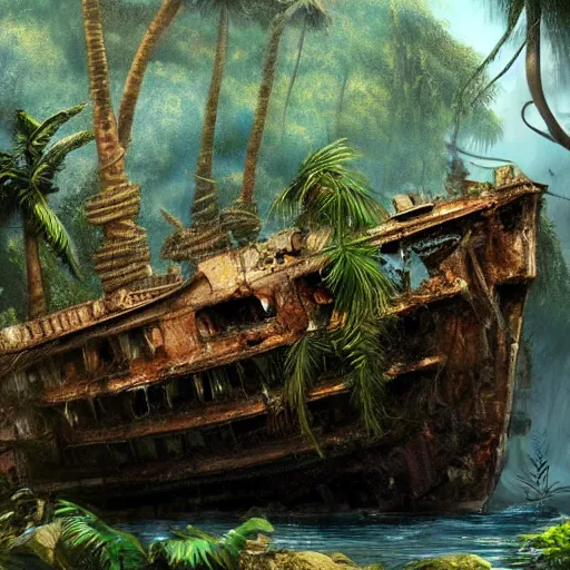 Prompt: Wrecked ship on jungle trees, 8k, detailed, concept art, trending on artstation