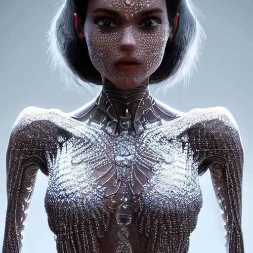 Image similar to full body detailed, ethereal, biomechanical, covered in diamonds and other gems glowing, highly detailed face, elegant posed, intricate, extremy detailed, beeple, cgsociety, 3 d unreal engine octane render. cinematic lighting, highly detailed 4 k art