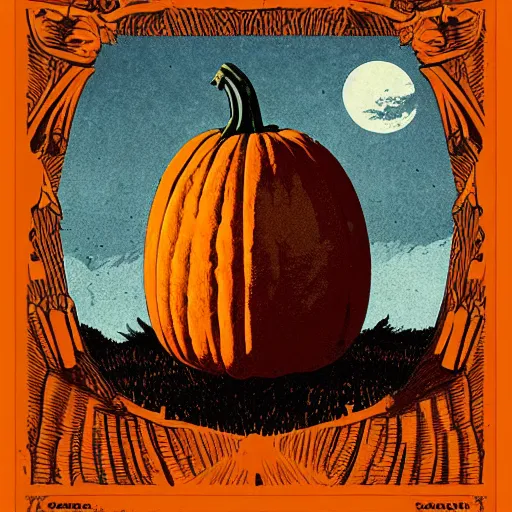 Image similar to fall pumpkin woodcut poster by greg rutkowski