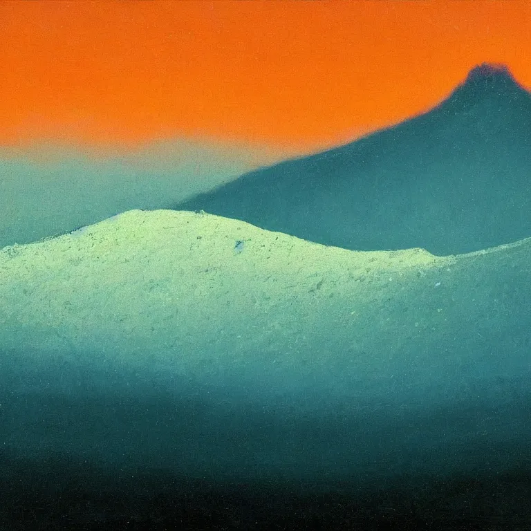 Image similar to caucaus mountains, winter, night, luminous, teal palette, arkhip kuindzhi, glaze oil painting, christian mysticism