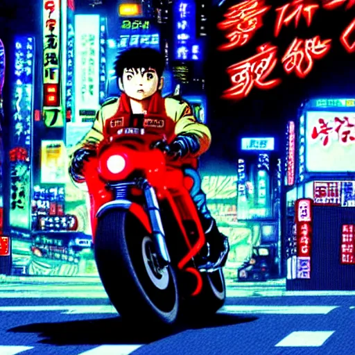 Image similar to kaneda on his motorcycle in neo tokyo looking for akira, night, neon lights, speed, art by katsuhiro otomo, ultra detailed, 8 k