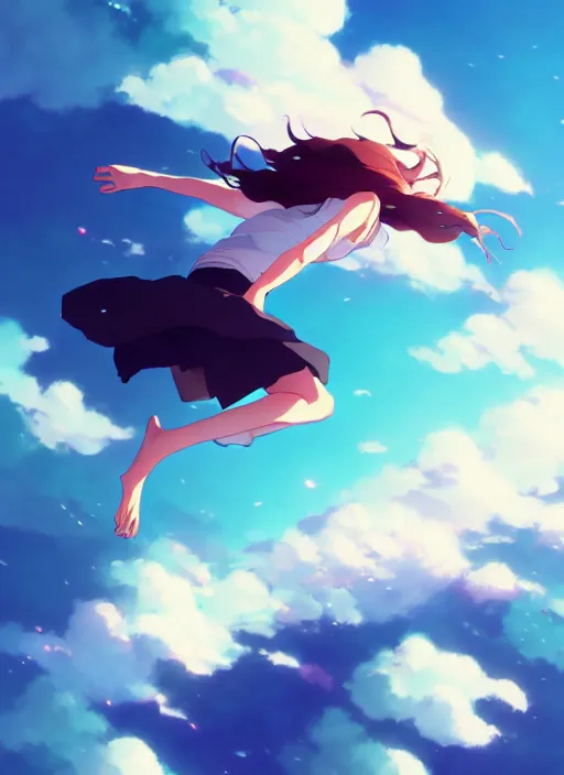 Image similar to girl flying towards a deep abyss in the air, illustration concept art anime key visual trending pixiv fanbox by wlop and greg rutkowski and makoto shinkai and studio ghibli