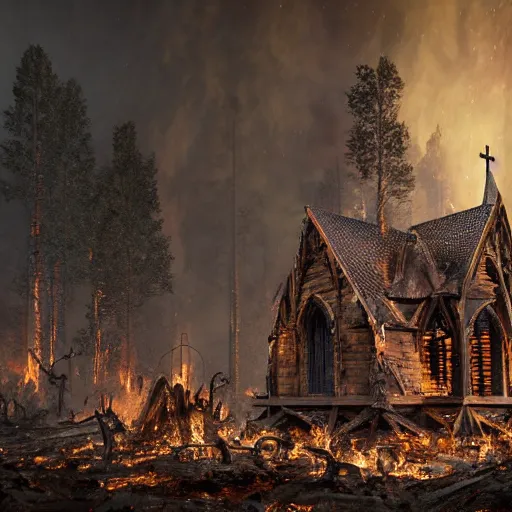 Image similar to hyperrealistic photograph of the norway wood churches burned to the ground, fire, giant bones, skeletons, dim volumetric lighting, octane beautifully detailed render, extremely hyper detailed, intricate, epic composition, cinematic lighting, masterpiece, trending on artstation, very detailed, stunning, hdr, smooth, sharp focus, high resolution, award, winning photo