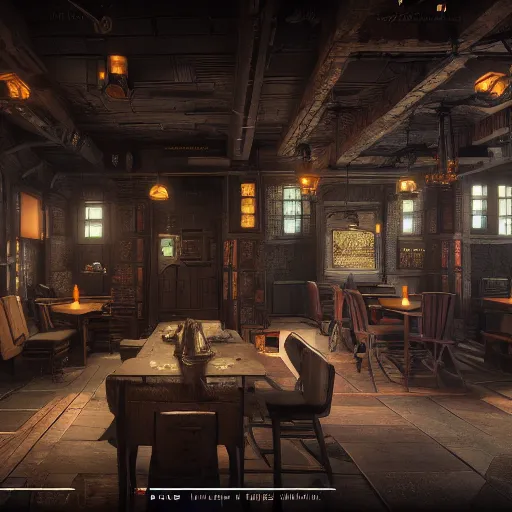 Image similar to Interior design Tavern in Mixed style of Medieval and in style of Cyberpunk, Many details by Hiromasa Ogura. Rendered in unreal engine 5, artstationHD, 4k, 8k, 3d render, 3d Houdini, cinema 4d, octane RTX volumetric natural light