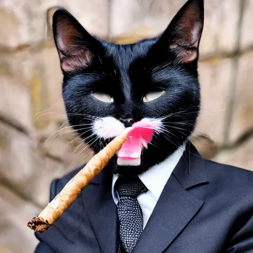 Image similar to black cat smoking cigar and wearing suit.