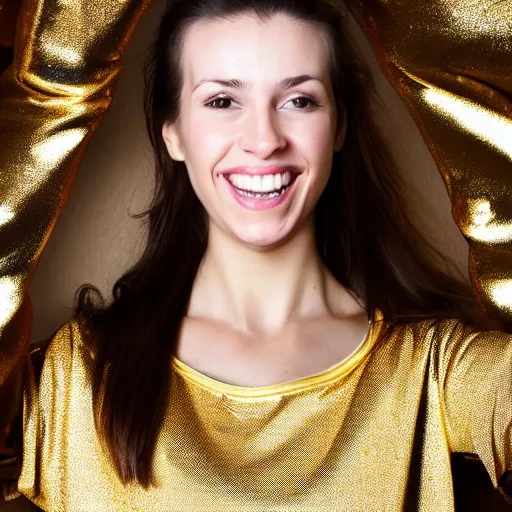 Image similar to a selfie portrait a brunette female, young, athletic, australian, wearing a gold tshirt in a studio