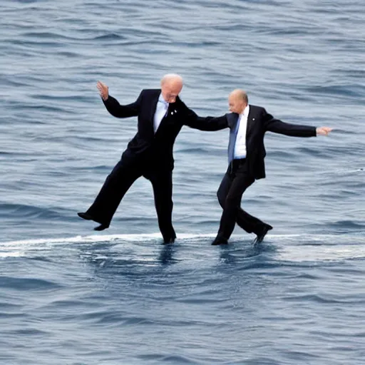 Image similar to biden and putin dancing on the ocean, close up, high quality photograph