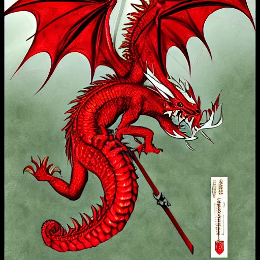 Prompt: a red dragon wielding a sword, by ciruelo cabral