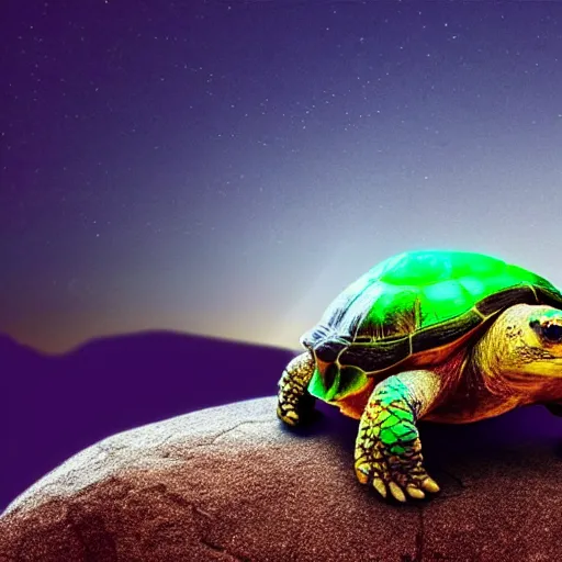 Prompt: “a land tortoise, 4K UHD image, neon city lights in the background, turtle is on a rock, Highly realistic”