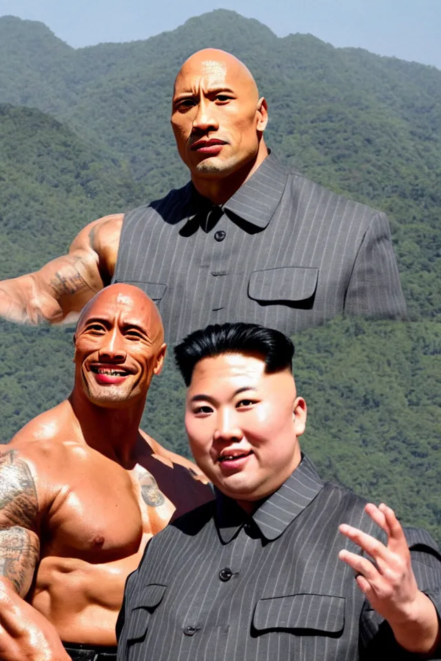 Image similar to selfie of dwayne the rock johnson and kim jong - un, pyongyang, 8 k resolution