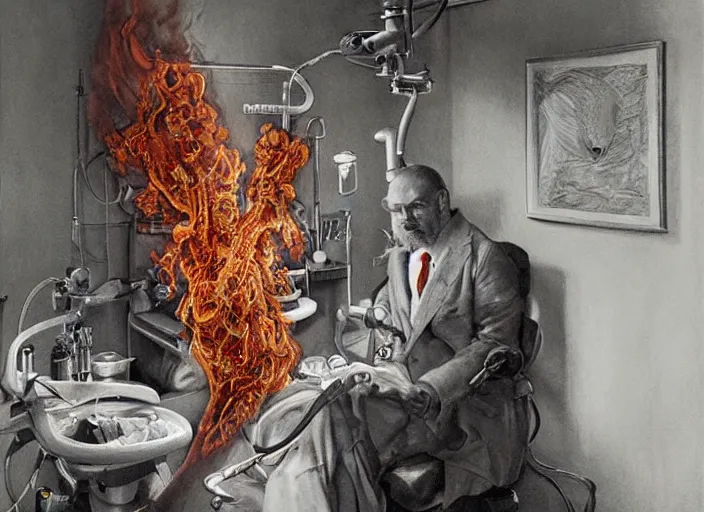 Prompt: a highly detailed flaming portrait of a dentist, james gurney, james jean