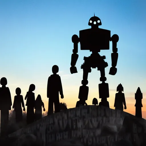 Image similar to memorial statue for the iron giant surrounded by people at sun set, 4 k, realism, metal iron giant statue