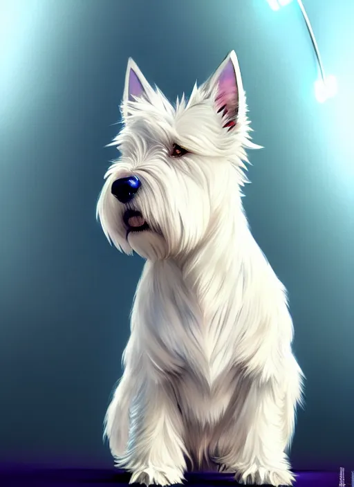 Image similar to a west highland white terrier sitting politely, facing the camera, anime art style, wearing futuristic, led - lit armor, and a cannon mounted on his back, portrait, high detail, sharp focus, digital painting, artstation, concept art, art by hayao miyazaki and artgerm and greg rutkowski and alphonse mucha.