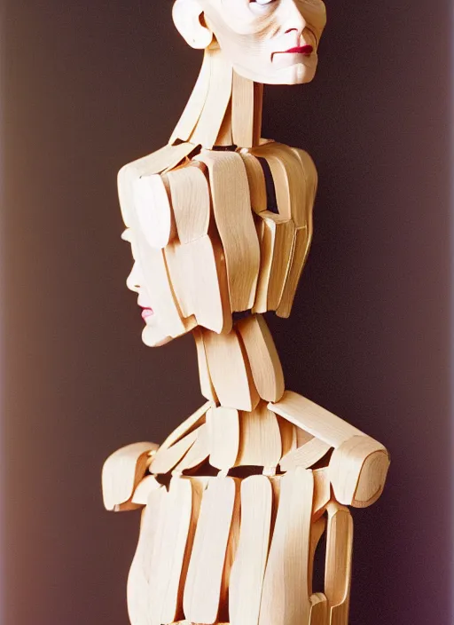 Prompt: realistic photo of a full - height human anatomic head model wooden realistic sculpture doll made of wooden, wearing white tights, very very long brass spikes needles, center straight composition, seamless, isometric view 2 0 0 0, life magazine photo, museum archival photo