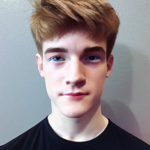 Image similar to “a realistic detailed photo of a guy who is an attractive humanoid who is half robot and half humanoid, who is a male android, twitch streamer Ninja Tyler Blevins, shiny skin, posing like a statue, blank stare, bedroom, close up”