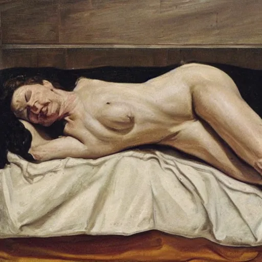 Image similar to lucian freud painting of old ema stone laying down on a victorian bed in a big old room