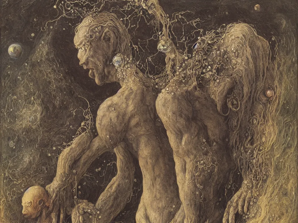 Prompt: Portrait of an albino demigod sculptor of cosmic clouds, Henri Moore, with alien, icy, crystal fungus creatures on a comet a million years ago. The horse dust. Painting by Lucas Cranach, Moebius, Alfred Kubin