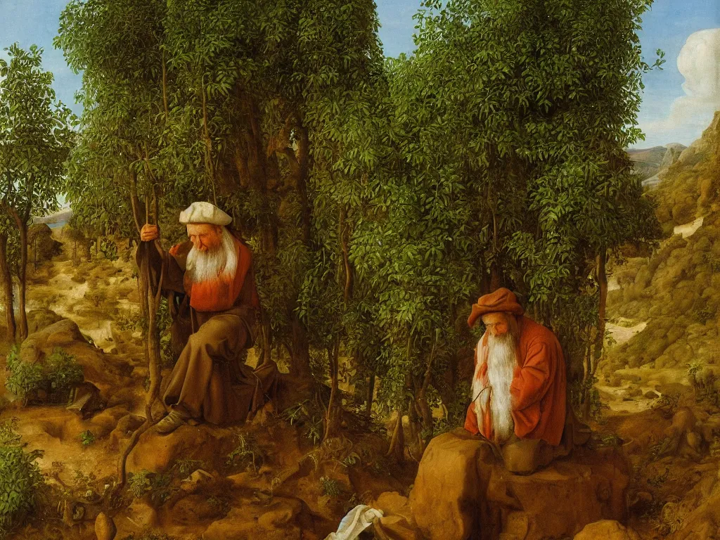 Image similar to kneeling painter washing his brush in a desert oasis, ferns. painting by jan van eyck