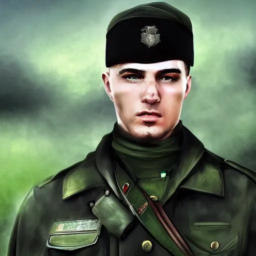 Image similar to russian warrior in a black uniform with a green beret digital art, 8 k, character, realism, anime, portrait