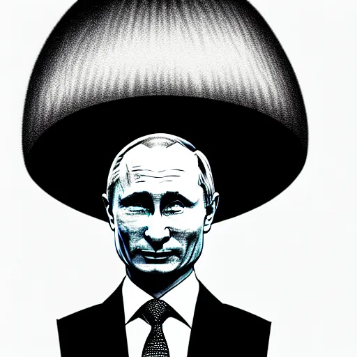 Prompt: vladimir putin with a nuclear mushroom cloud behind him, single subject, editorial style cartoon, ultra detailed pencil drawing