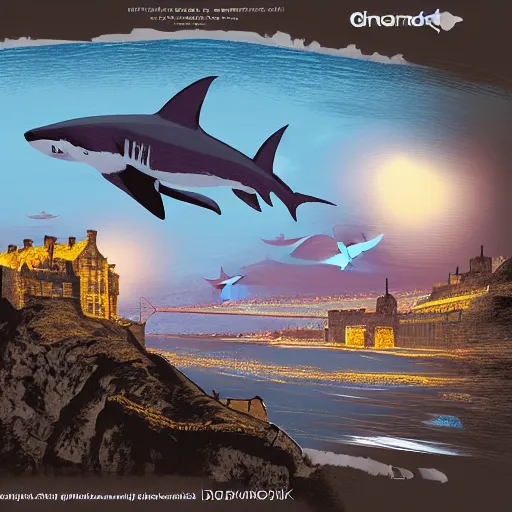 Image similar to sharks swimming above Edinburgh Castle, concept art in style of Greg Rutkowki, dynamic lighting, highly detailed