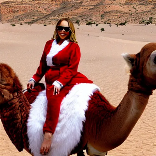 Image similar to mariah carey in a santa outfit while riding a camel in the desert