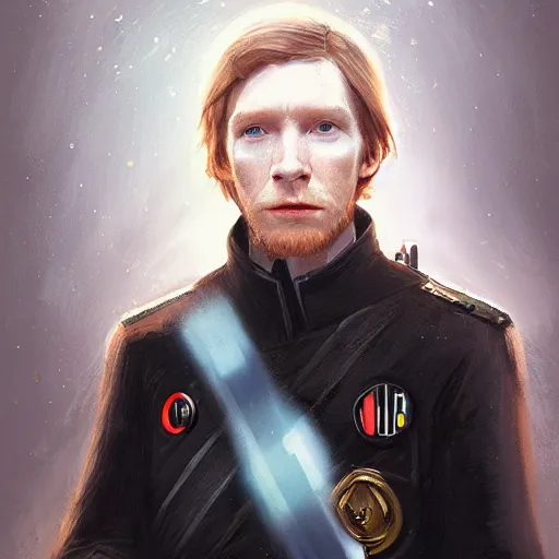 Prompt: portrait of a man by greg rutkowski, looks like domhnall gleeson, wearing black colored admiral uniform of the corellian confederation, arrogant and sinister attitude, star wars expanded universe, she is about 3 0 years old, highly detailed portrait, digital painting, artstation, concept art, smooth, sharp foccus ilustration, artstation hq