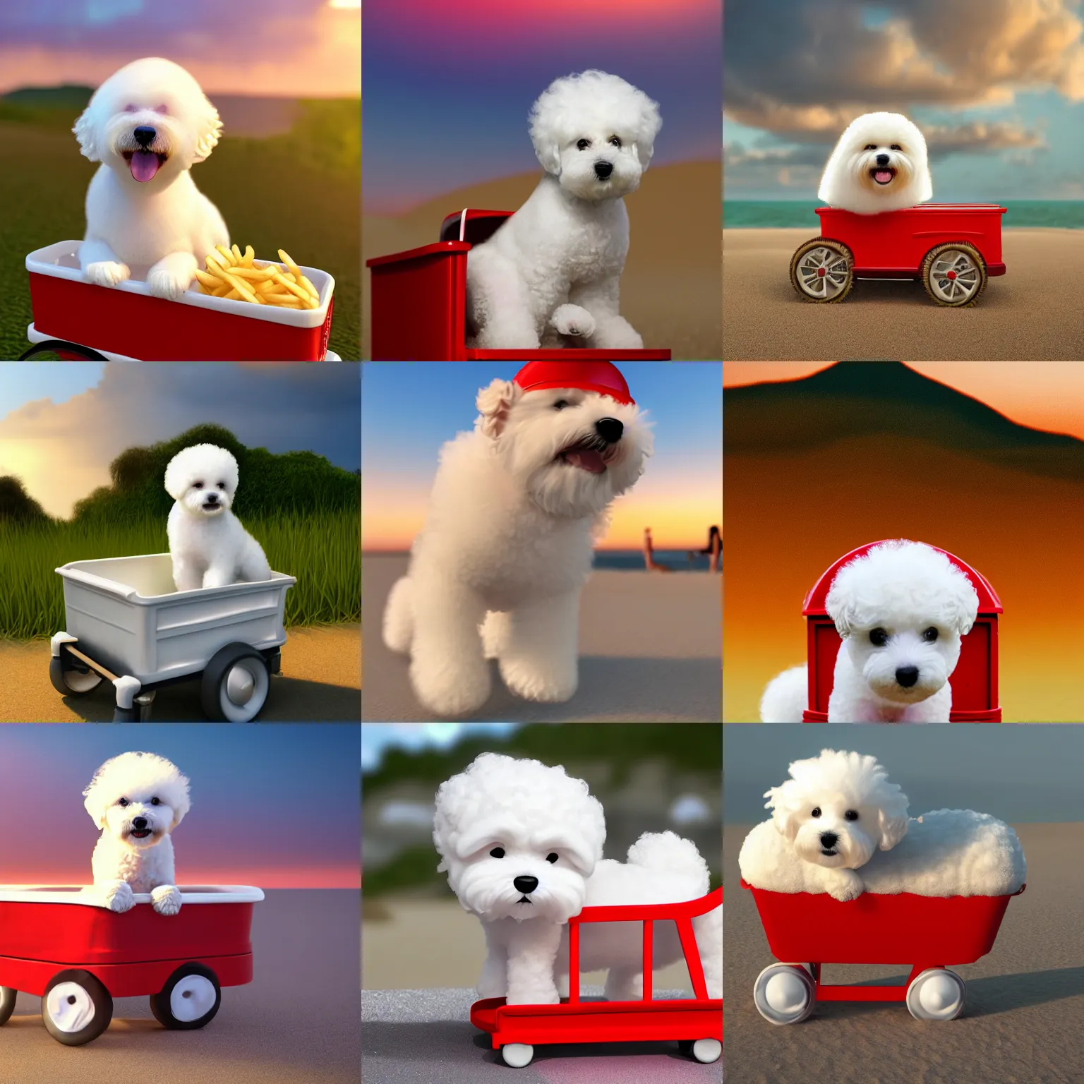 Prompt: a photorealistic photograph of a smiling white Bichon Frisé puppy riding in a little red wagon that is overflowing french fries during sunset at the beach Trending on Artstation, featured on Behance, well-rendered, Unreal Engine, 4K HD