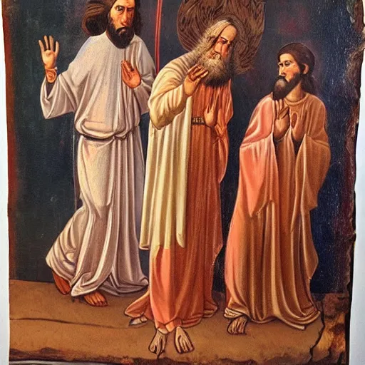 Prompt: ancient religious painting of people worshipping George Carlin who is dressed like Jesus Christ