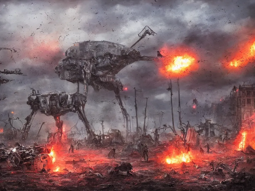 Prompt: landscape art of 8k ultra realistic war of the worlds walkers, destruction, full of colour, cinematic lighting, trending on artstation, 4k, hyperrealistic, focused, extreme details,unreal engine 5, cinematic, masterpiece, Edwardian, tripod, red weed, apocalyptic, demolition, heat ray, artillerymen, eve of war, dead london, invasion, art by Geoff Taylor