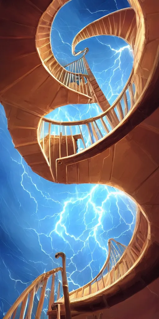 Image similar to a spiral upside - down edgy staircase to heaven, storm, lightnings, highly detailed, sharp focus, matte painting, by rhads, artgerm, isaac levitan and asher brown durand,