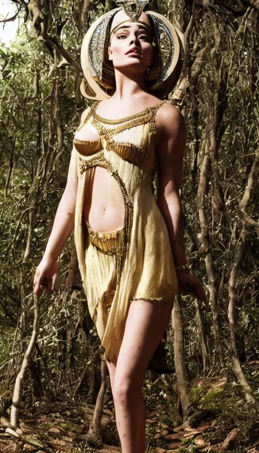 Prompt: beautiful margot robbie cosplaying as cleopatra, photo in a forest, barefoot