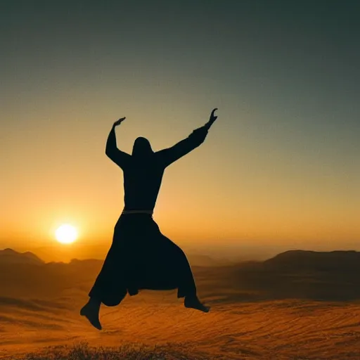 Prompt: cinematic still of silhouette of man in Biblical clothing jumping for joy, beautiful middle eastern landscape with sunrise behind, Biblical epic movie directed by Steven Spielberg