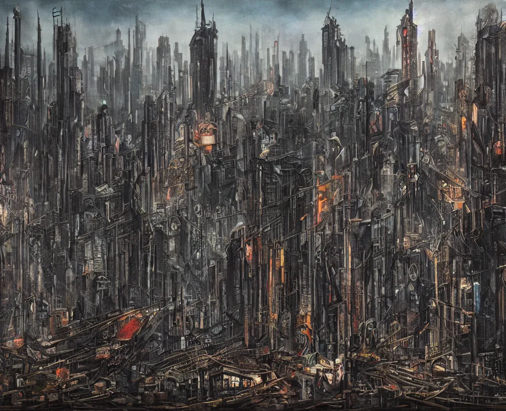 Prompt: a Dystopian gothic surrealism painting of a cyberpunk megalopolis