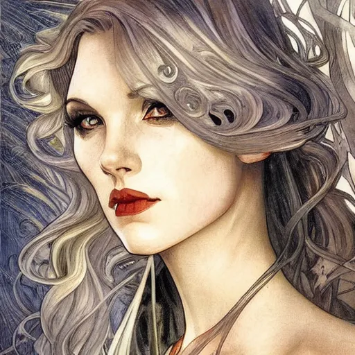 Image similar to a streamline moderne painting in the style of luis royo, and in the style of charlie bowater, and in the style of alphonse mucha. symmetry, smooth, sharp focus, semi - realism, intricate detail.