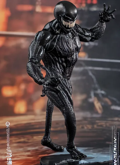 Prompt: a hot toys figure of venom, figurine, detailed product photo