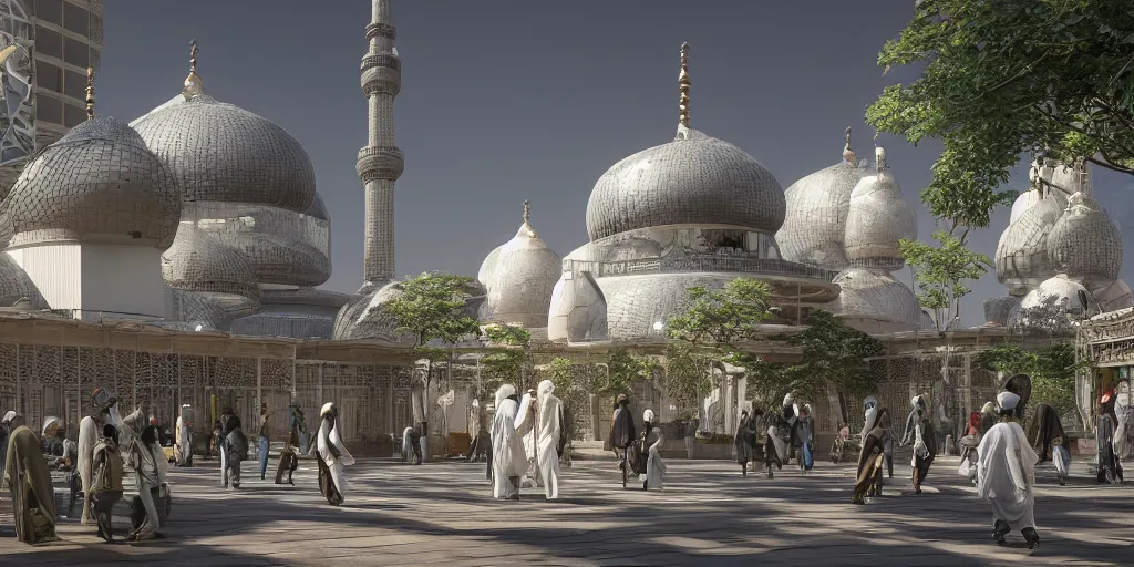 Image similar to Photorealistic solarpunk mosque in Tokyo, with great domes and arches, harmony with nature, people and androids wearing traditional japanese clothing. Hyperdetailed photorealism, UHD, amazing depth, glowing rich colors, golden ration, 3D octane cycle unreal engine 5, 3d shading, cinematic lighting, artstation concept art