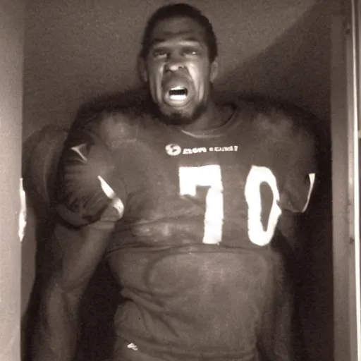 Prompt: grainy photo of an nfl linebacker as a creepy monster in a closet, harsh flash