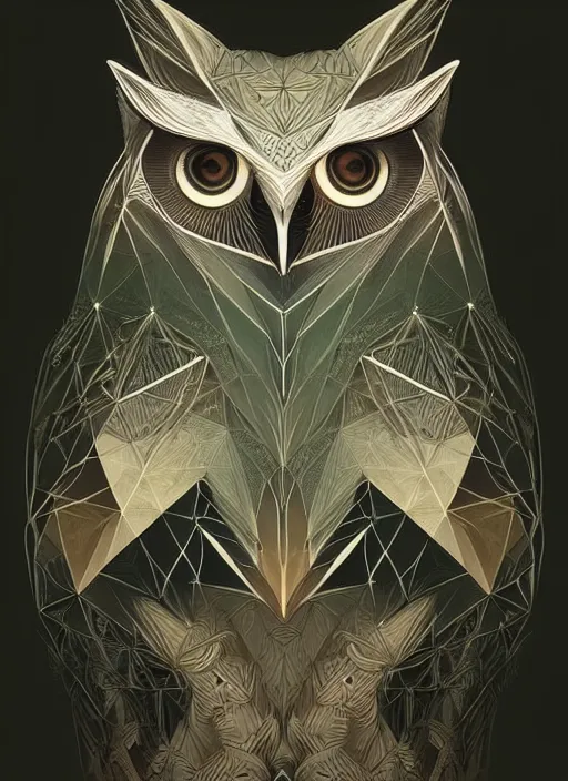 Image similar to portrait of a geometric owl, identical eyes, medium shot, illustration, full body made of white feathers, symmetrical, art stand, super detailed, cinematic lighting, and its detailed and intricate, gorgeous, by peter mohrbacher