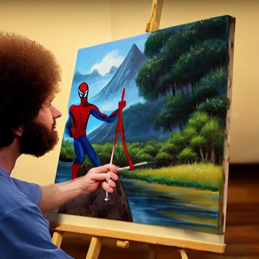 Prompt: a closeup photorealistic photograph of bob ross working on a canvas painting of spiderman. film still. brightly lit scene. mountains and trees. this 4 k hd image is trending on artstation, featured on behance, well - rendered, extra crisp, features intricate detail, epic composition and the style of unreal engine.