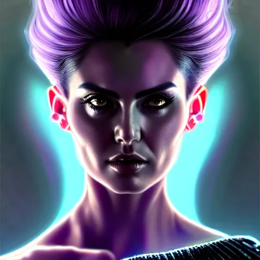 Image similar to woman with extremely large and intricate haircut with angry purple eyes and slim features looking askance, eye cyberpunk bionics, retro futurist style, intricate, elegant gleaming intricate baroque jewelry, angelic halo, highly detailed, digital painting, artstation, concept art, smooth, sharp focus, illustration, art by wlop, mars ravelo and greg rutkowski,