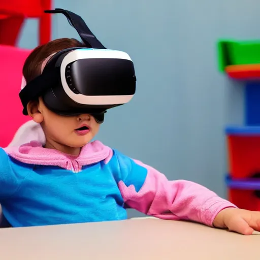 Prompt: A toddler in a straight jacket wearing a vr headset while sitting in a daycare setting, photography