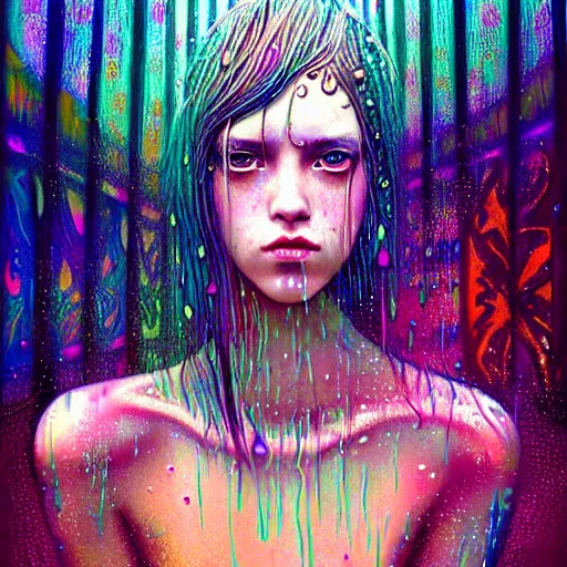 Image similar to girl in psychedelic LSD rain with wet hair and face, fantasy, intricate, elegant, dramatic lighting, emotionally evoking symbolic metaphor, highly detailed, lifelike, photorealistic, digital painting, artstation, concept art, smooth, sharp focus, illustration, art by John Collier and Albert Aublet and Krenz Cushart and Artem Demura and Alphonse Mucha