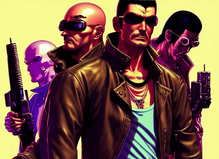 Image similar to cyberpunk yakuza enforcers. portrait by stonehouse and mœbius and will eisner and gil elvgren and pixar. character design. realistic proportions. cyberpunk 2 0 7 7 character art, blade runner 2 0 4 9 concept art. cel shading. attractive face. thick lines. the team. diverse characters. artstationhq.