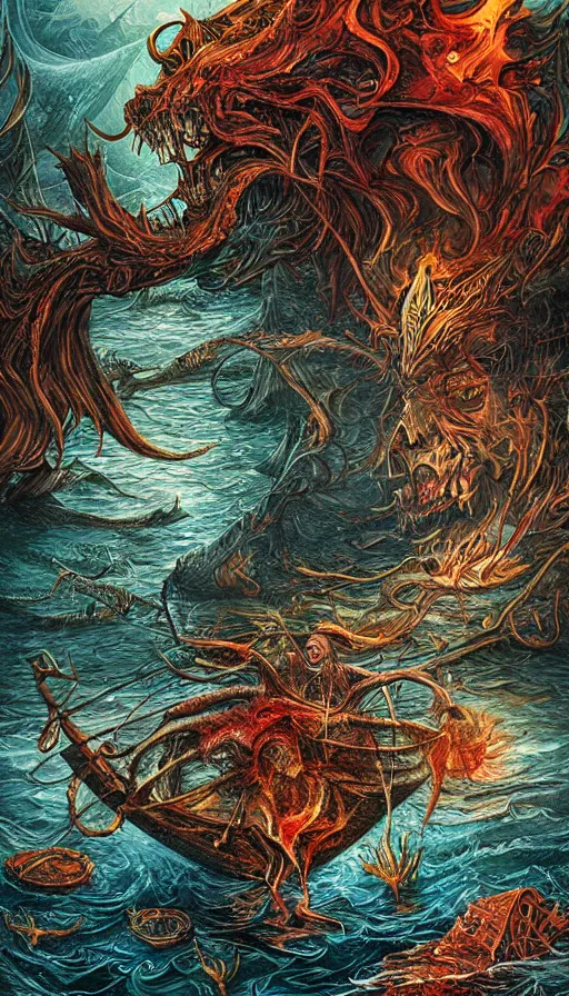 Image similar to man on boat crossing a body of water in hell with creatures in the water, sea of souls, by android jones,