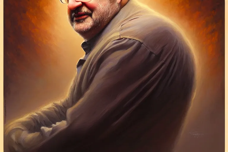 Image similar to poster portrait of salman rushdie. oil painting elegant, highly detailed, centered, digital painting, artstation, bollywood, india, concept art, smooth, sharp focus, illustration, artgerm, tomasz alen kopera, peter mohrbacher, donato giancola, joseph christian leyendecker drew struzan